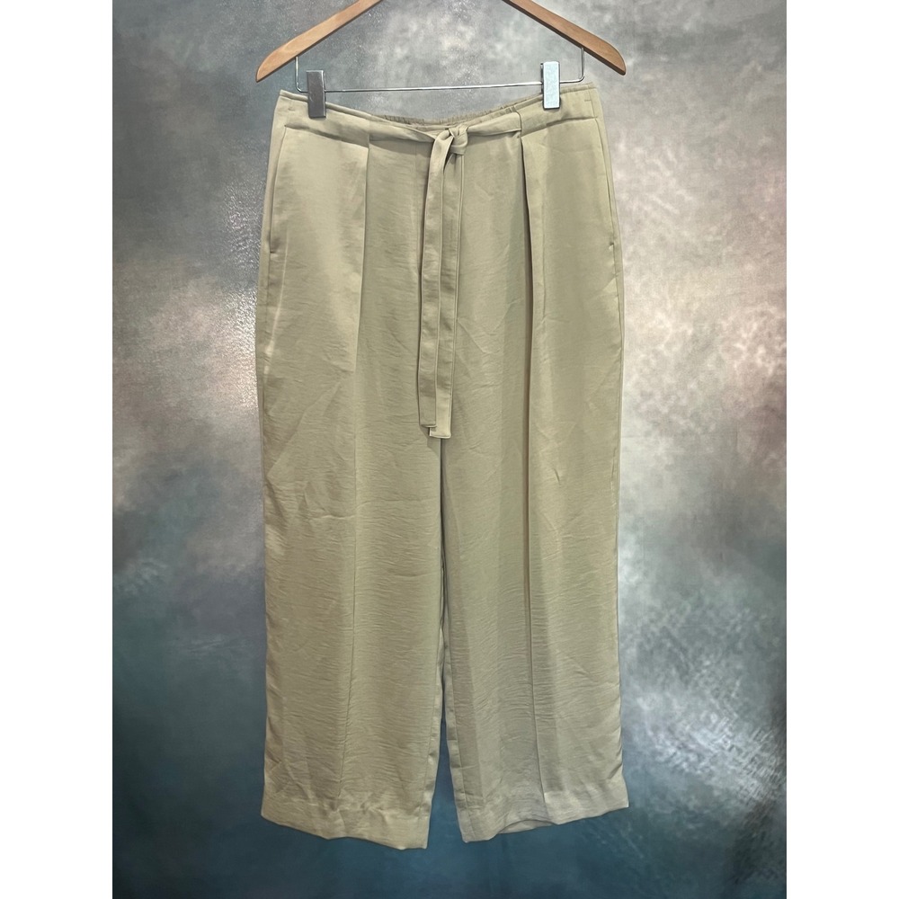 DKNY Womens Beige Satin‎ Wide Leg Pleated Belted Cropped Trousers Pants Size 6